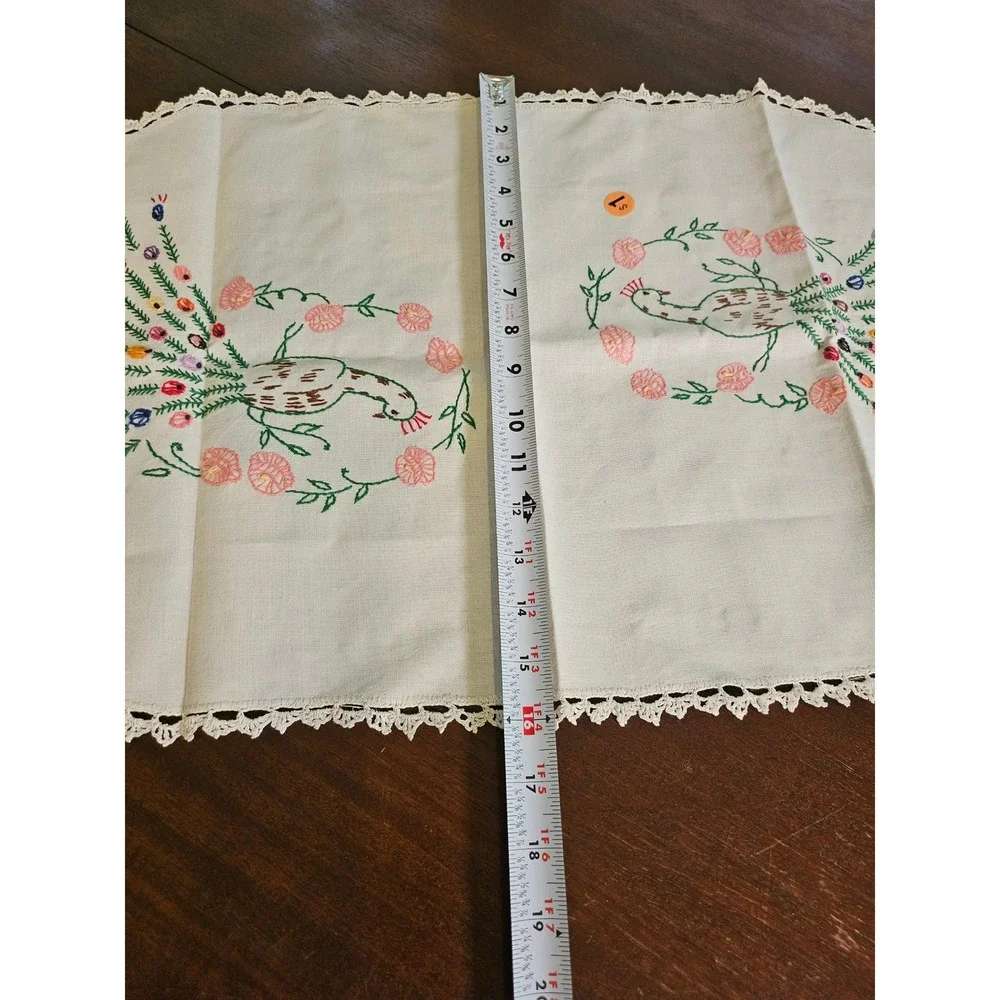 Hand Embroidered Table Runner White Peacock Floral Lace Trim